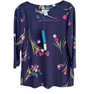 Graver Studio Womens Navy Floral Print 3/4 Sleeve Stretch Tunic Top Blouse New S